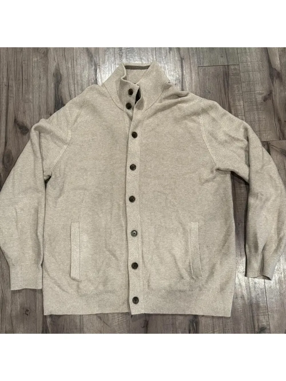 Mens Banana Republic Button Up Cardigan Supima Cotton Oatmeal Academia Mock Neck